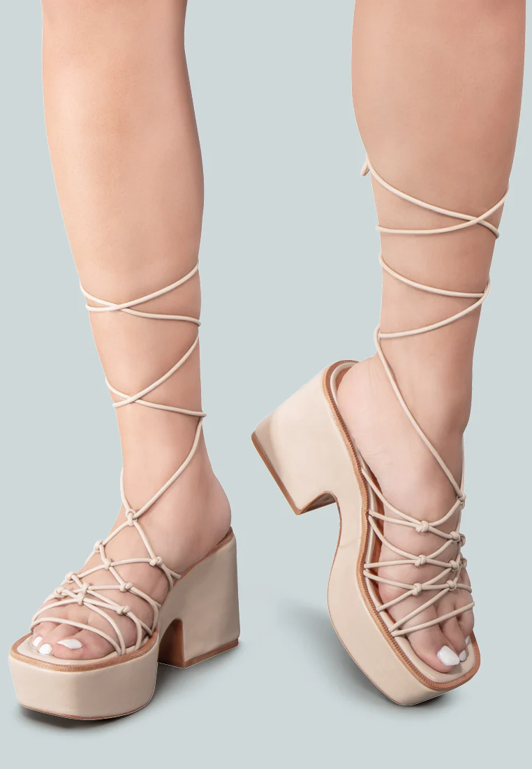 FAWCETT Nude Tie Up Platform Heeled Sandals - Image 6
