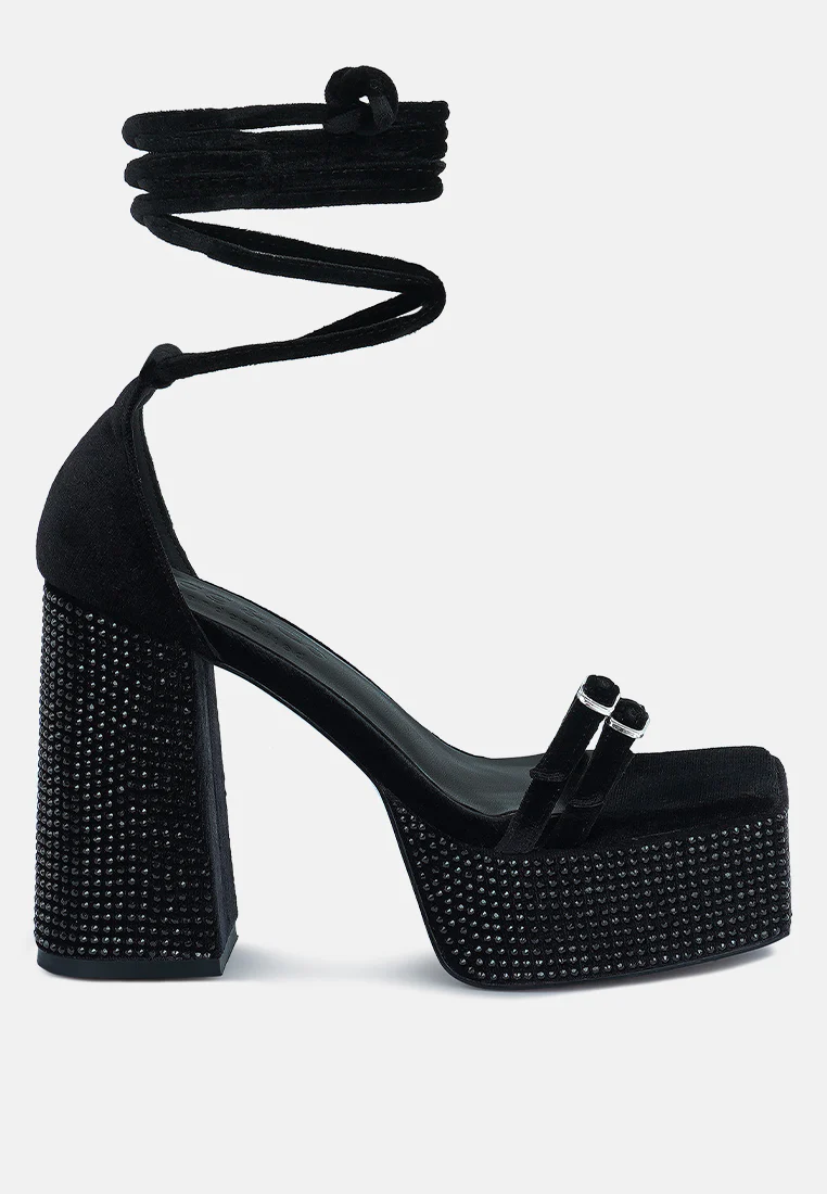 FIRECROWN Black Rhinestone Platform High Block Sandals - Image 2