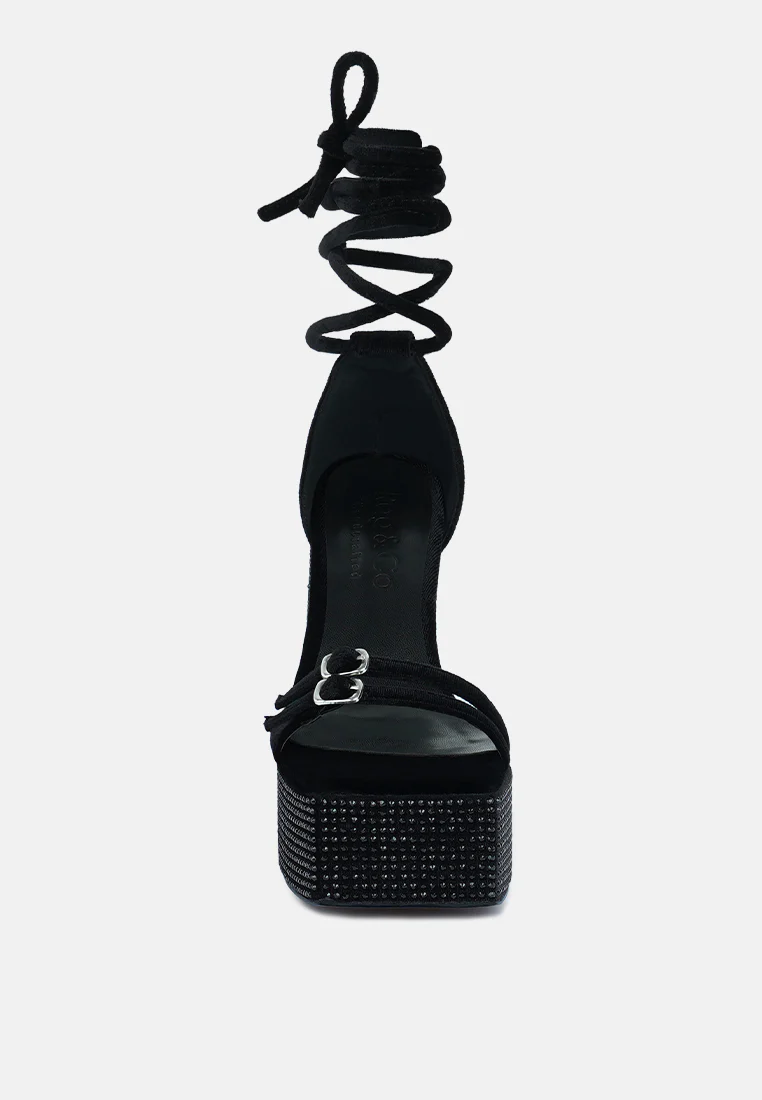 FIRECROWN Black Rhinestone Platform High Block Sandals - Image 3