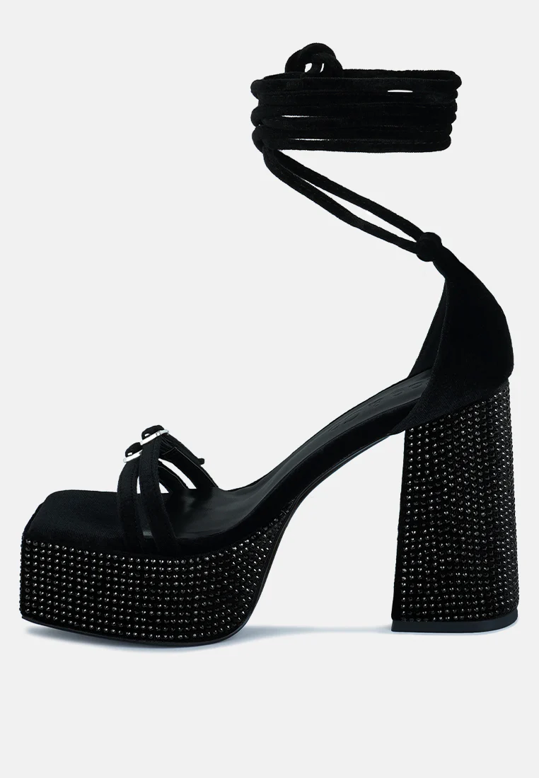 FIRECROWN Black Rhinestone Platform High Block Sandals - Image 4