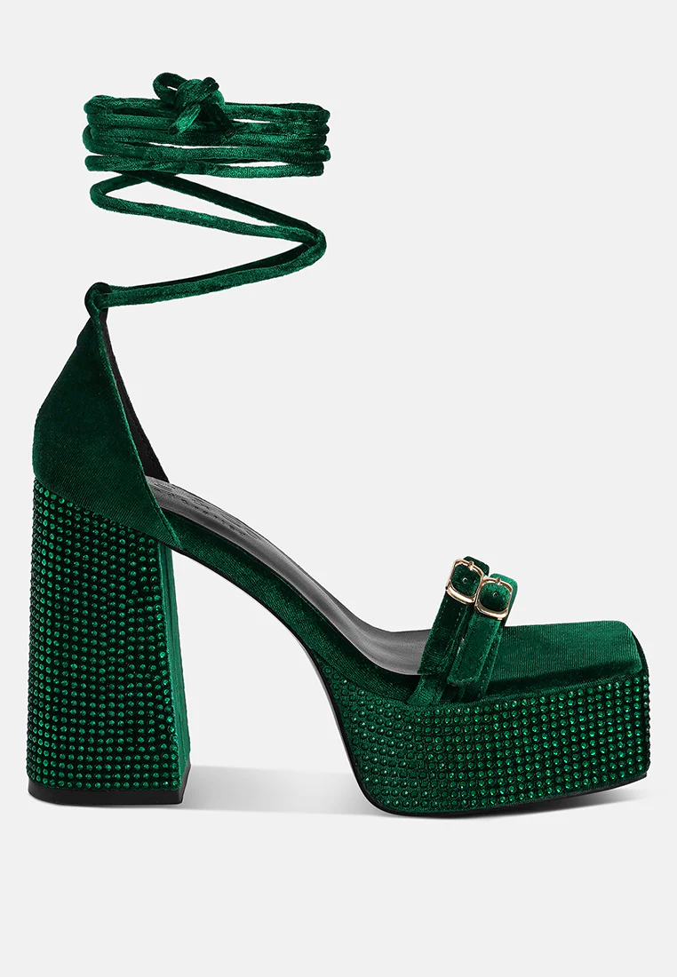 FIRECROWN Green Rhinestone Platform High Block Sandals - Image 2