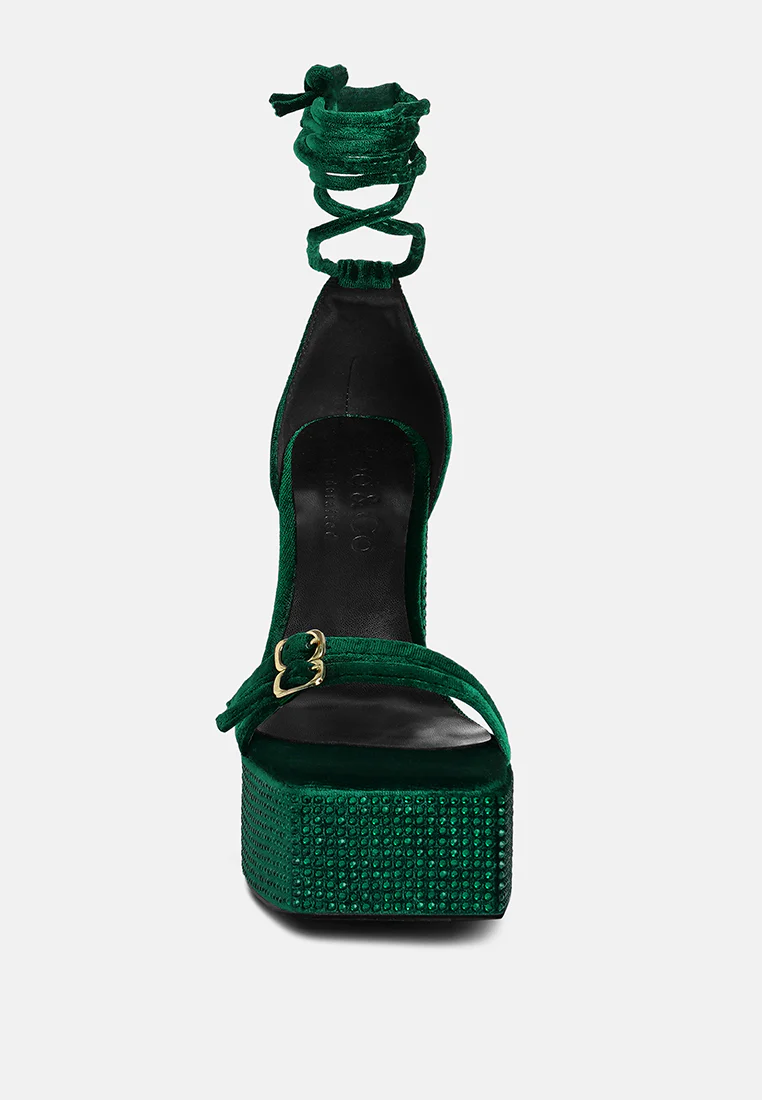 FIRECROWN Green Rhinestone Platform High Block Sandals - Image 3