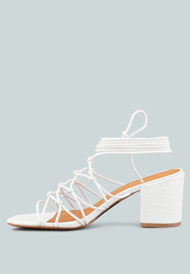 FONDA Croc Patterned White Handcrafted Lace Up Sandal - Image 4