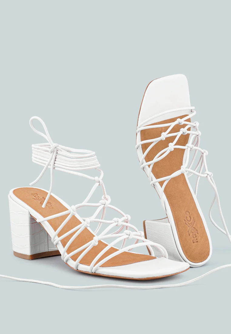 FONDA Croc Patterned White Handcrafted Lace Up Sandal - Image 5