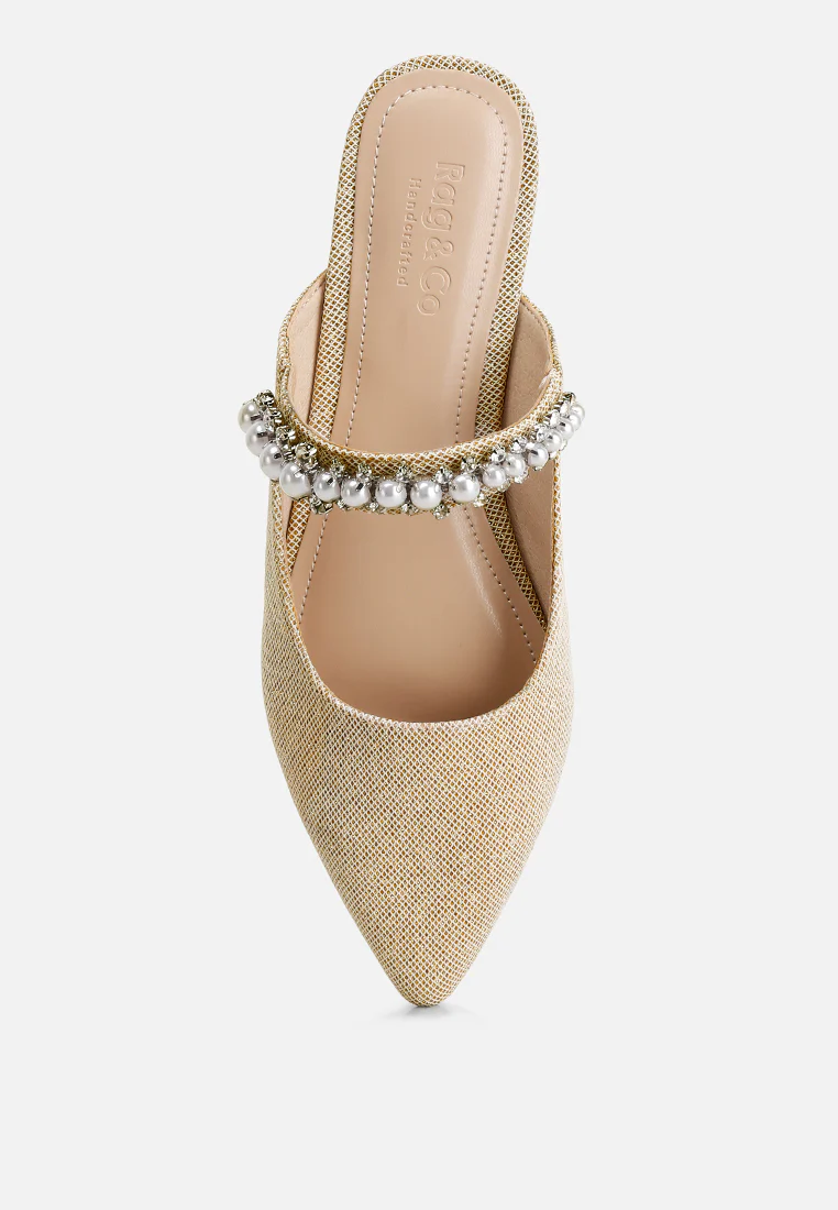 GEODE Pearl Embellished Slip On Mules In Beige - Image 6