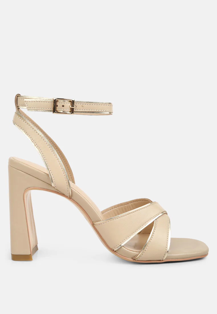 Heeri Beige Metallic Lined Slim Block Heel Sandals - Image 2