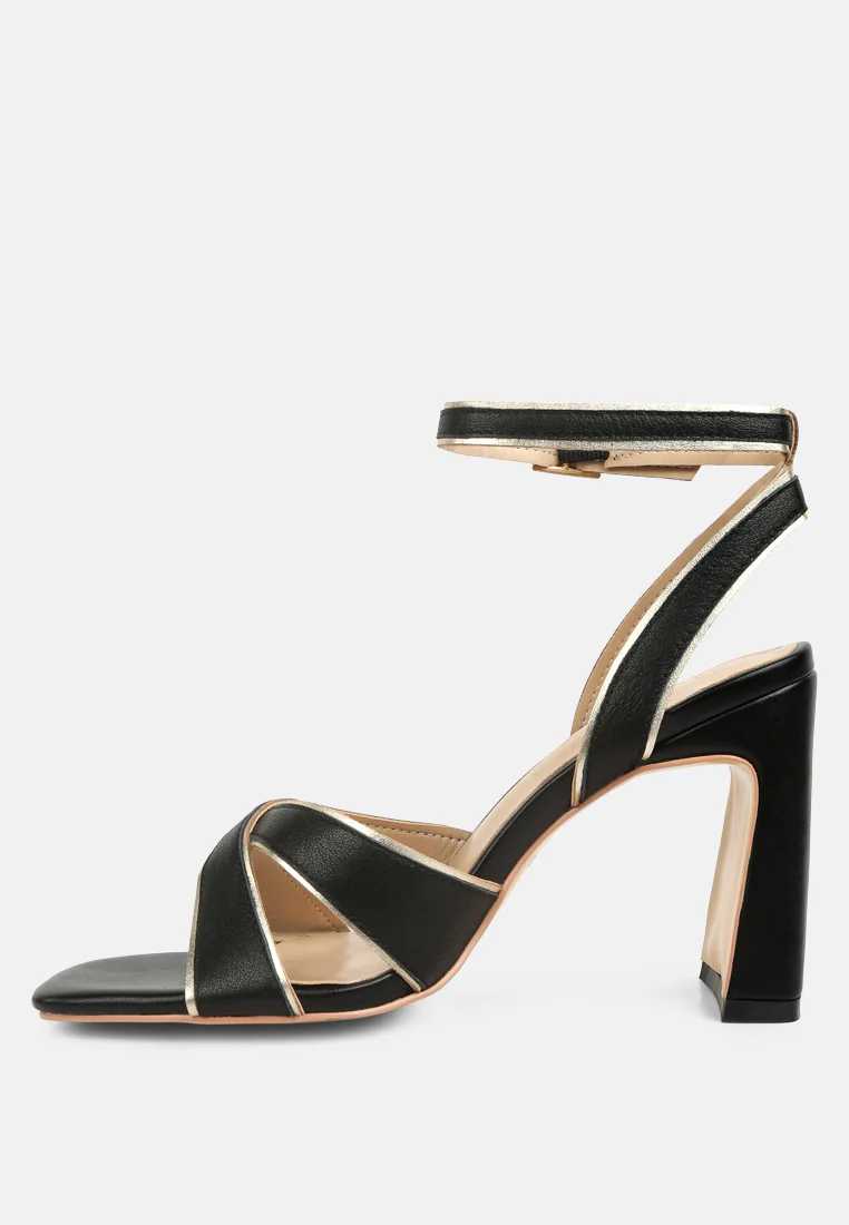 Heeri Black Metallic Lined Slim Block Heel Sandals - Image 4
