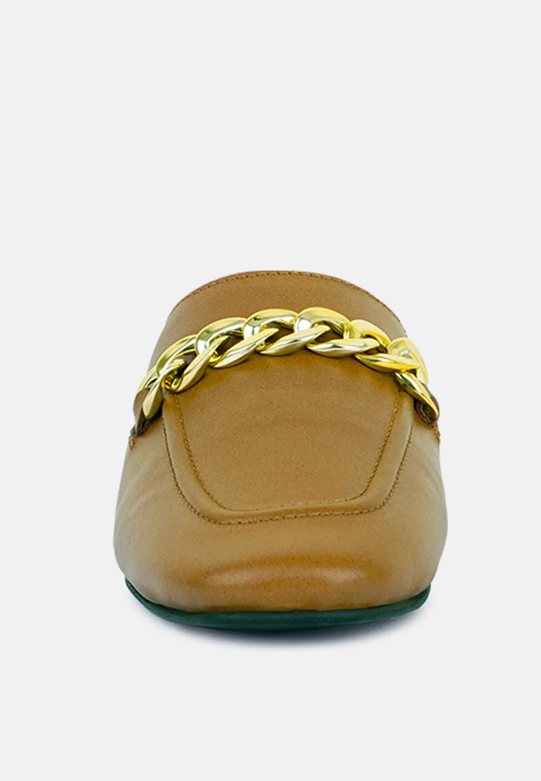 Honey Leather Chain Detail Mules in Tan - Image 4