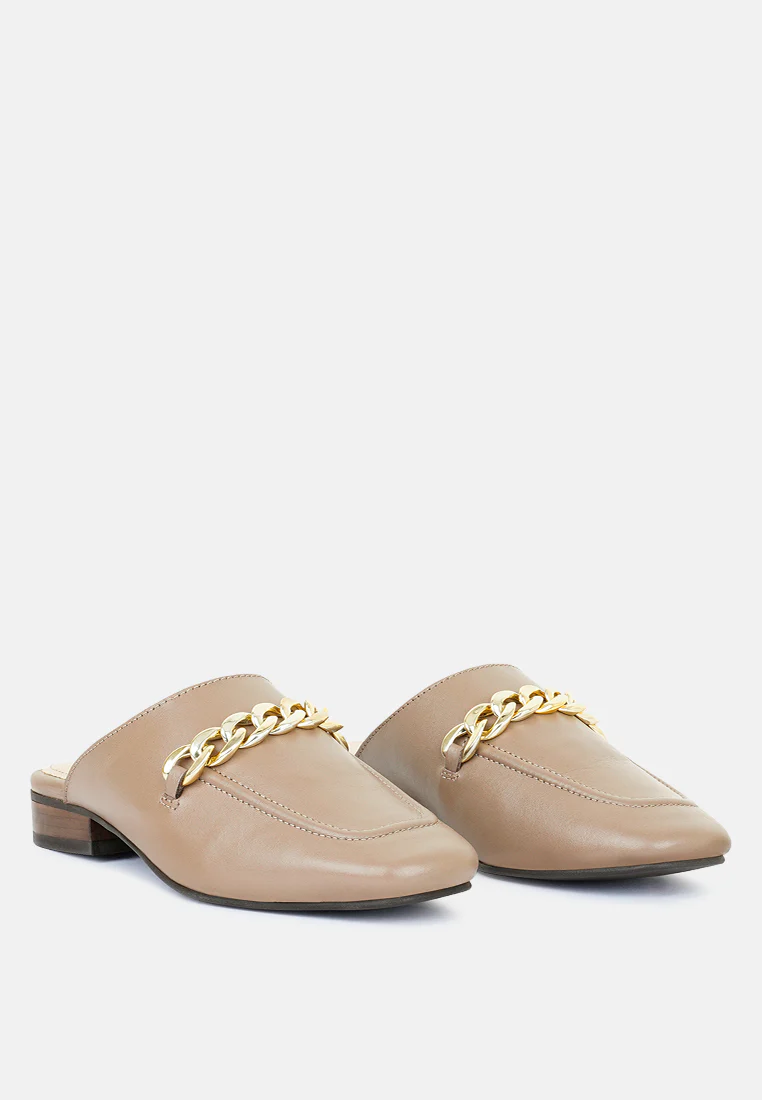 Honey Leather Chain Detail Mules in Taupe - Image 2