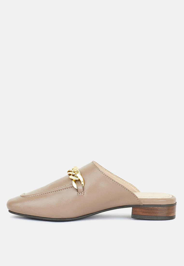 Honey Leather Chain Detail Mules in Taupe - Image 3