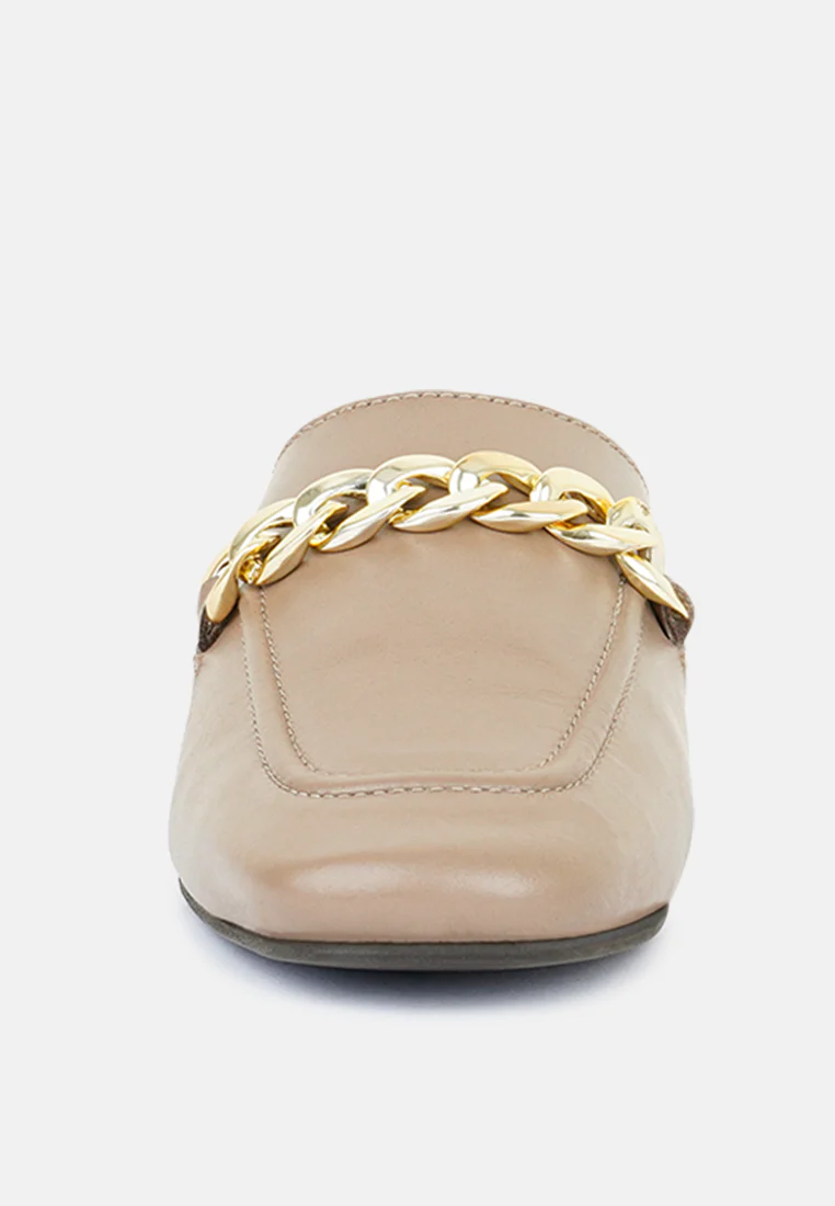 Honey Leather Chain Detail Mules in Taupe - Image 4