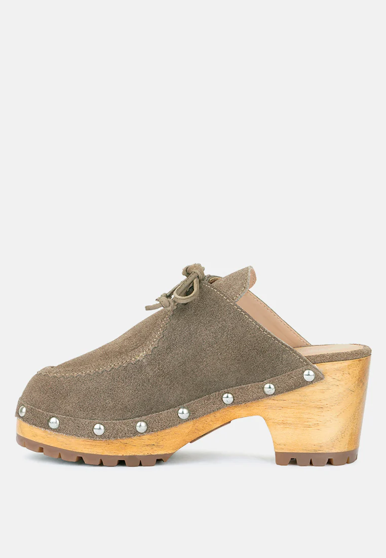 IROKO Taupe Suede Tie Detail Stud Clogs - Image 3
