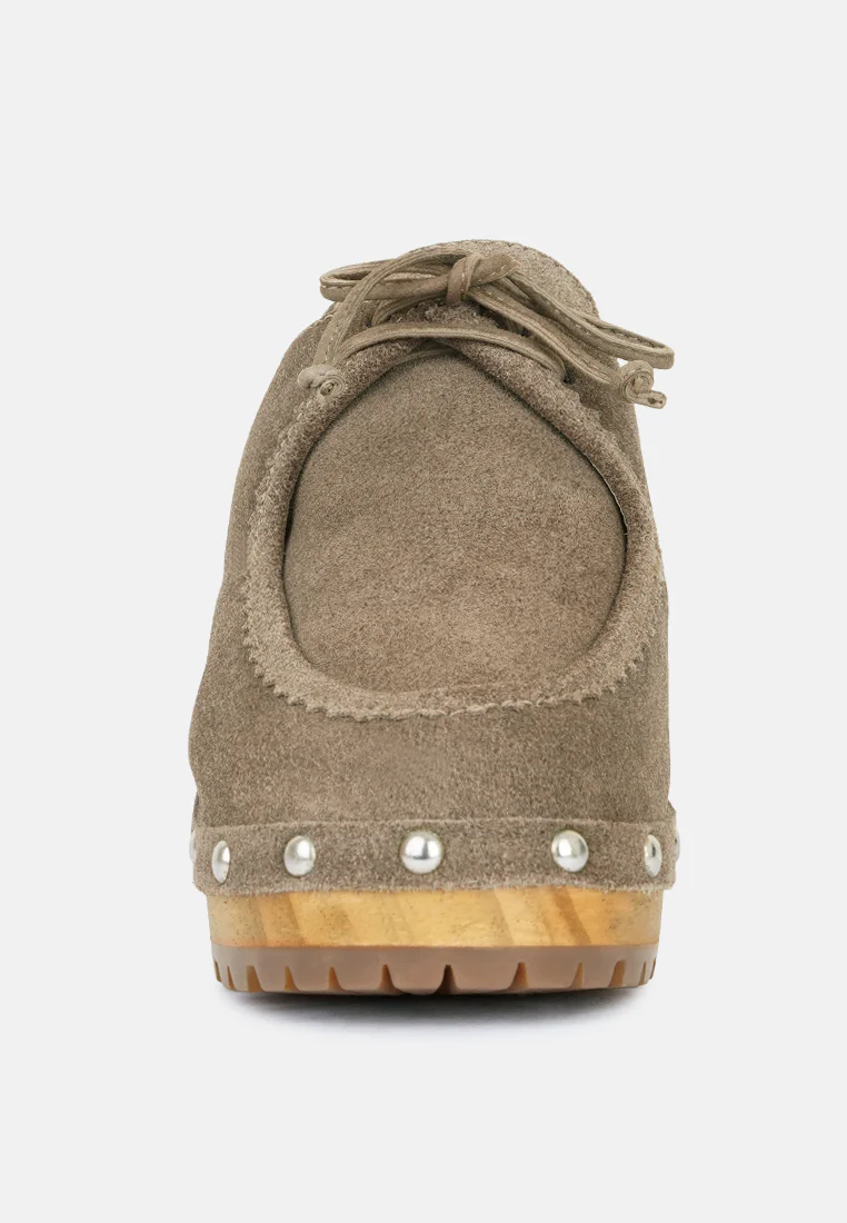 IROKO Taupe Suede Tie Detail Stud Clogs - Image 4