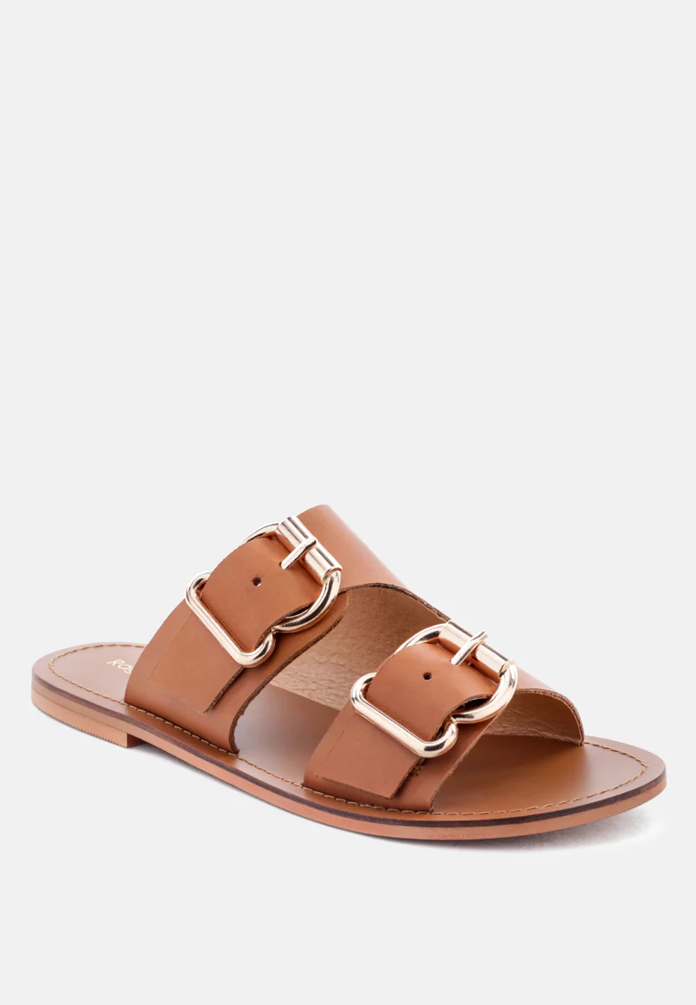 KELLY Tan Flat Sandal with Buckle Straps - Image 2