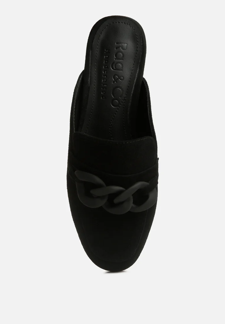KRIZIA Chunky Chain Suede Slip On Mules in Black - Image 6