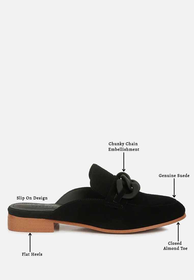 KRIZIA Chunky Chain Suede Slip On Mules in Black - Image 8