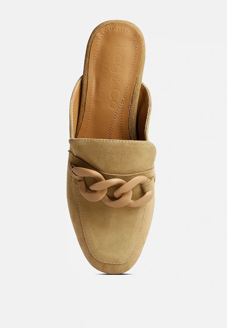 KRIZIA Chunky Chain Suede Slip On Mules in Sand - Image 6