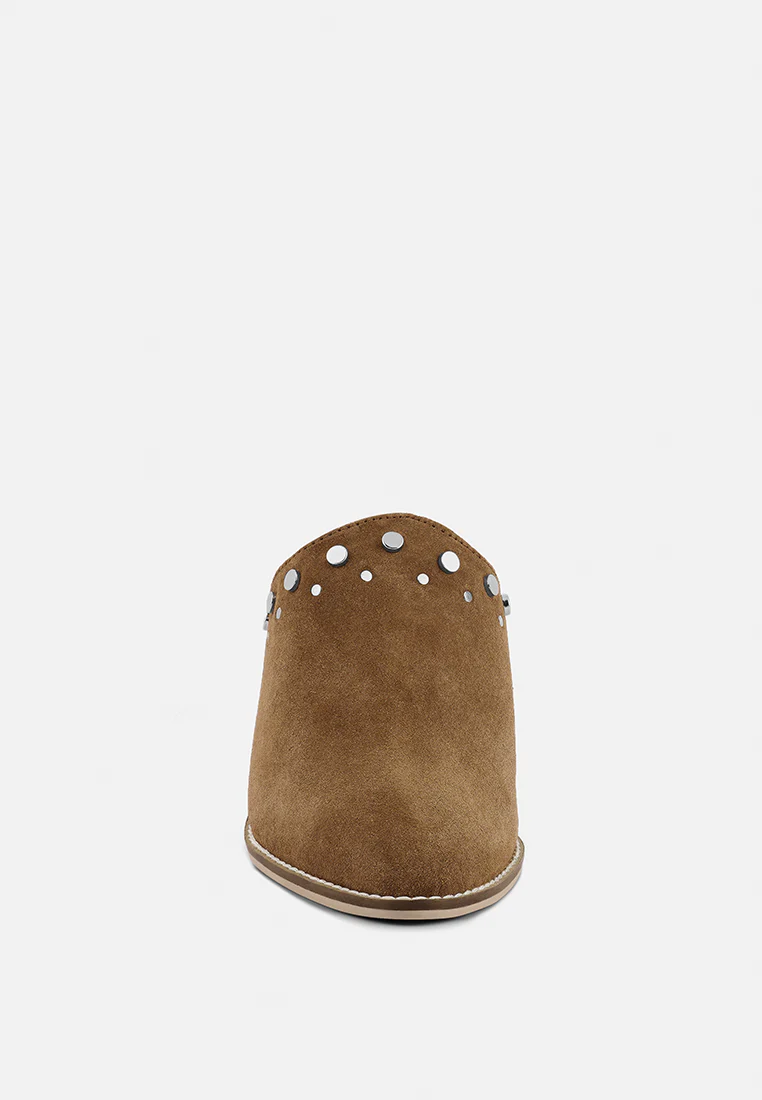 LESLIE Tan Stacked Heel Mules - Image 4
