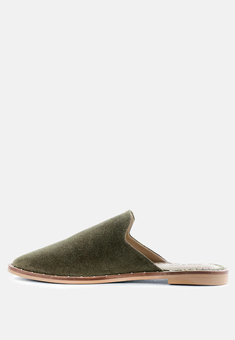 LIA Khaki Green Handcrafted Suede Mules - Image 4