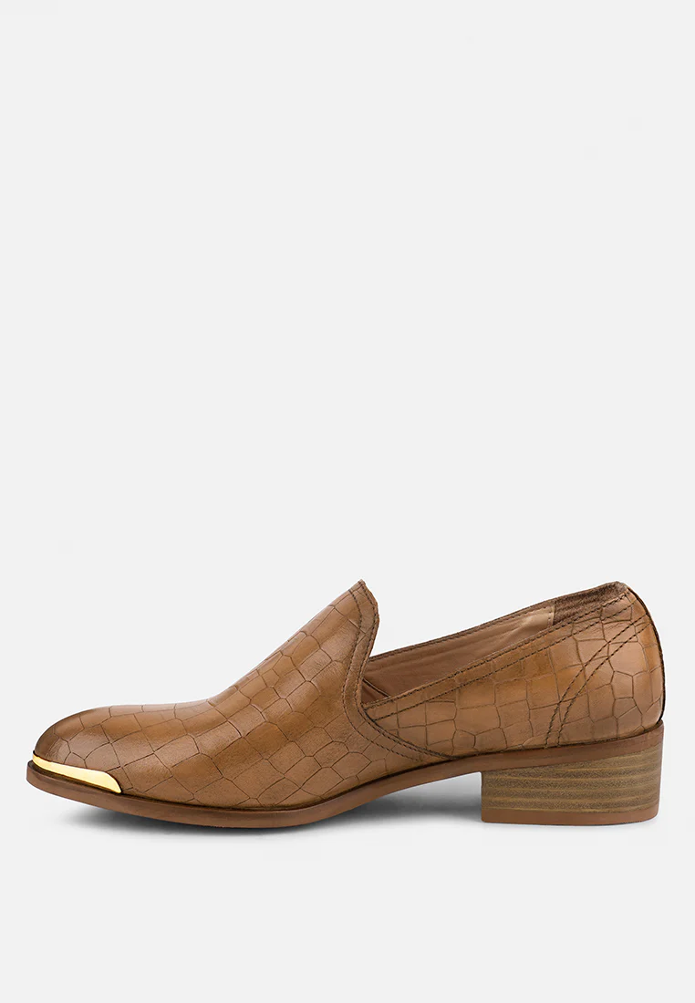 LILLIAM Tan Metal Highlight Casual Leather Loafers - Image 3