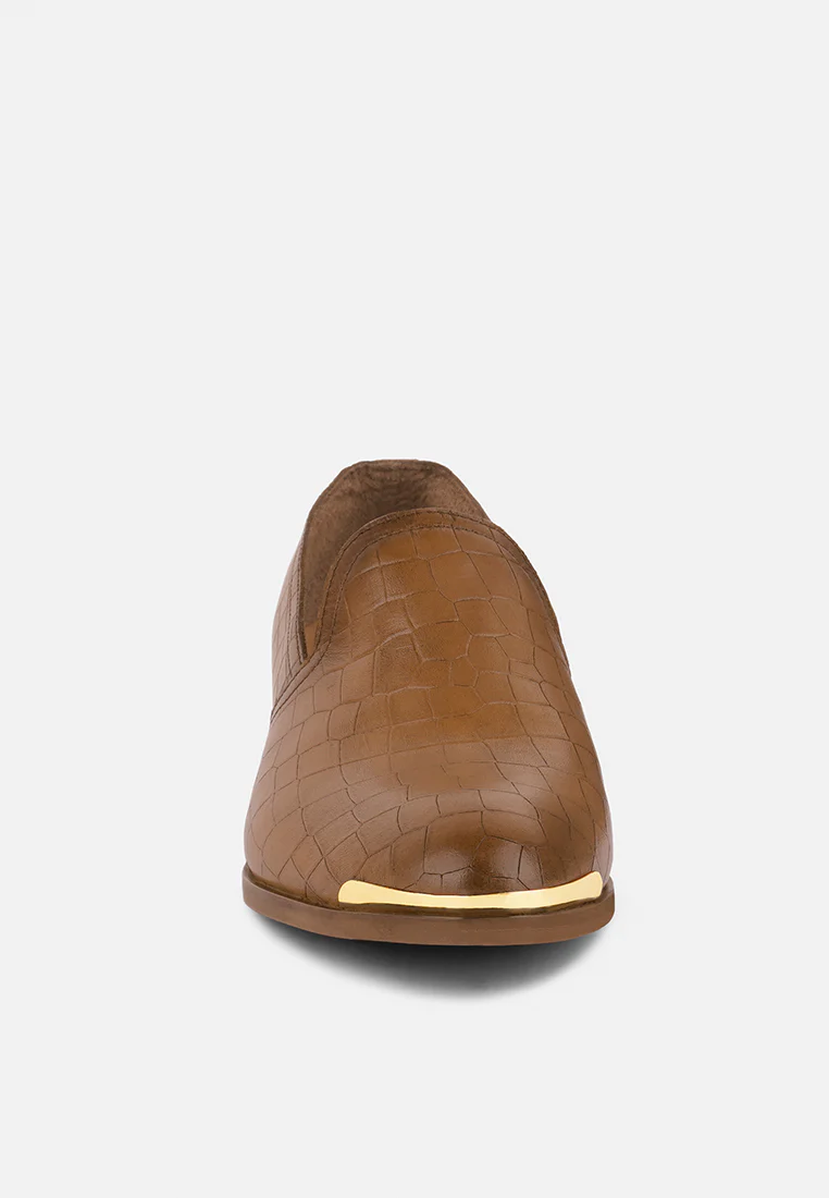 LILLIAM Tan Metal Highlight Casual Leather Loafers - Image 4