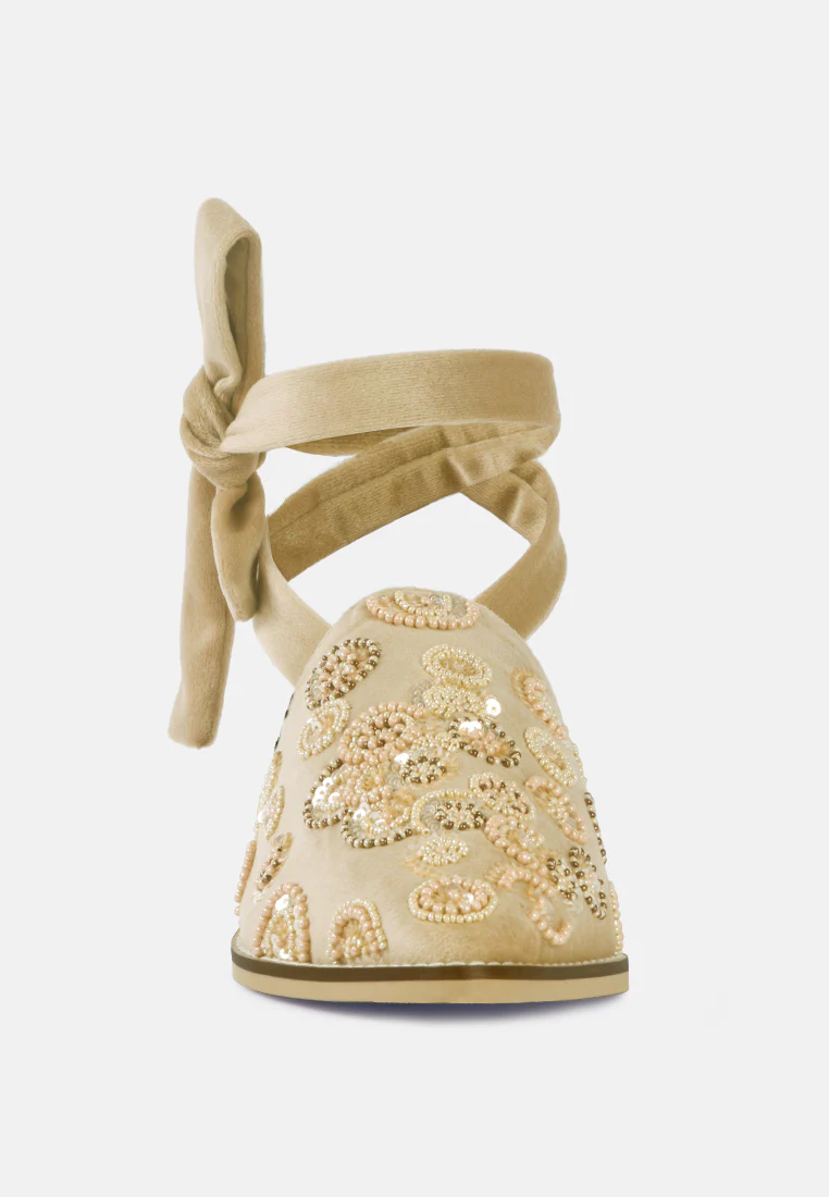 Mande Embroidered Velvet Mules in Beige - Image 3