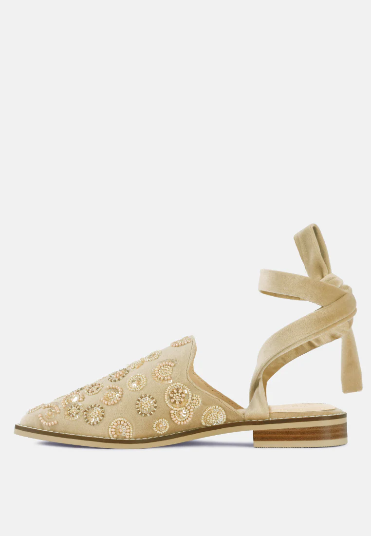 Mande Embroidered Velvet Mules in Beige - Image 4