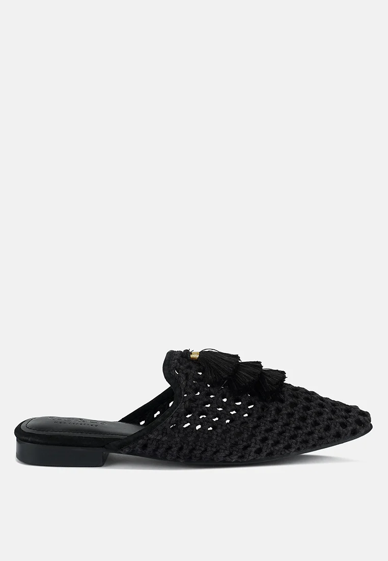 MIRIAM Black Woven Metallic Tassel Flat Mules - Image 2