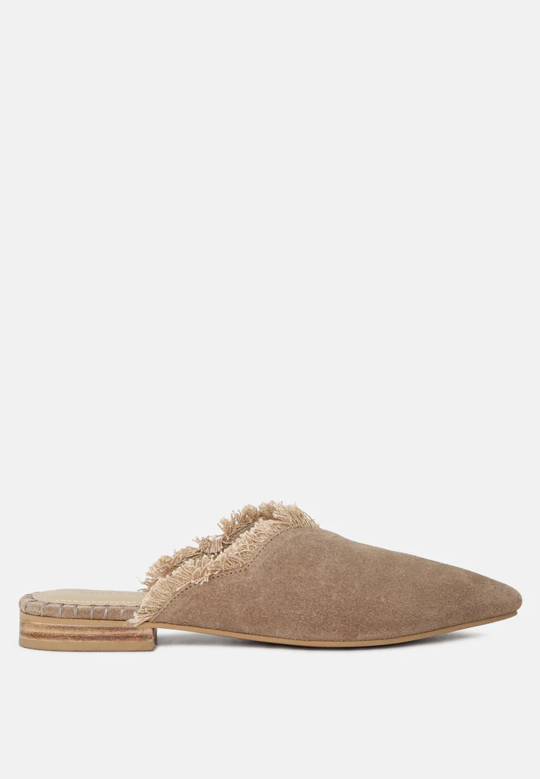 MOLLY Taupe Frayed Leather Mules - Image 3