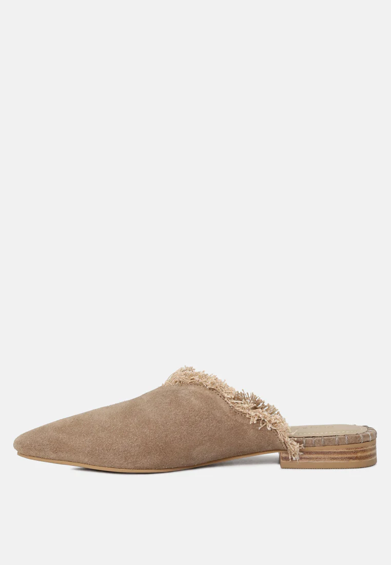 MOLLY Taupe Frayed Leather Mules - Image 4