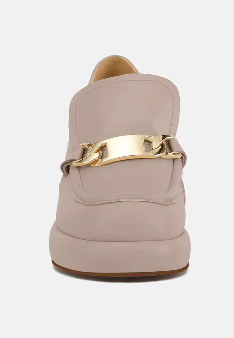 Morgan Metallic Embellishment Leather Platform Loafers in Beige - Image 3