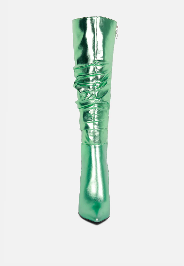 NEW-EXPRESSION Mint Green Metallic Ruched Stiletto Knee Boots - Image 3