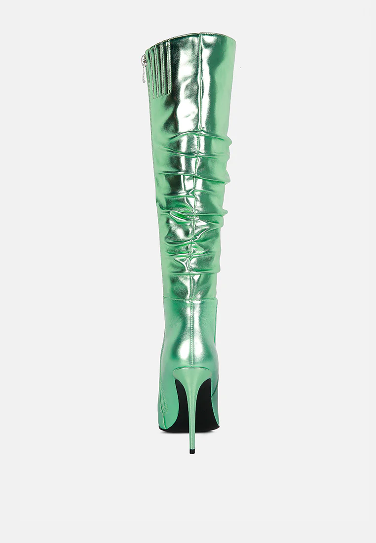 NEW-EXPRESSION Mint Green Metallic Ruched Stiletto Knee Boots - Image 5