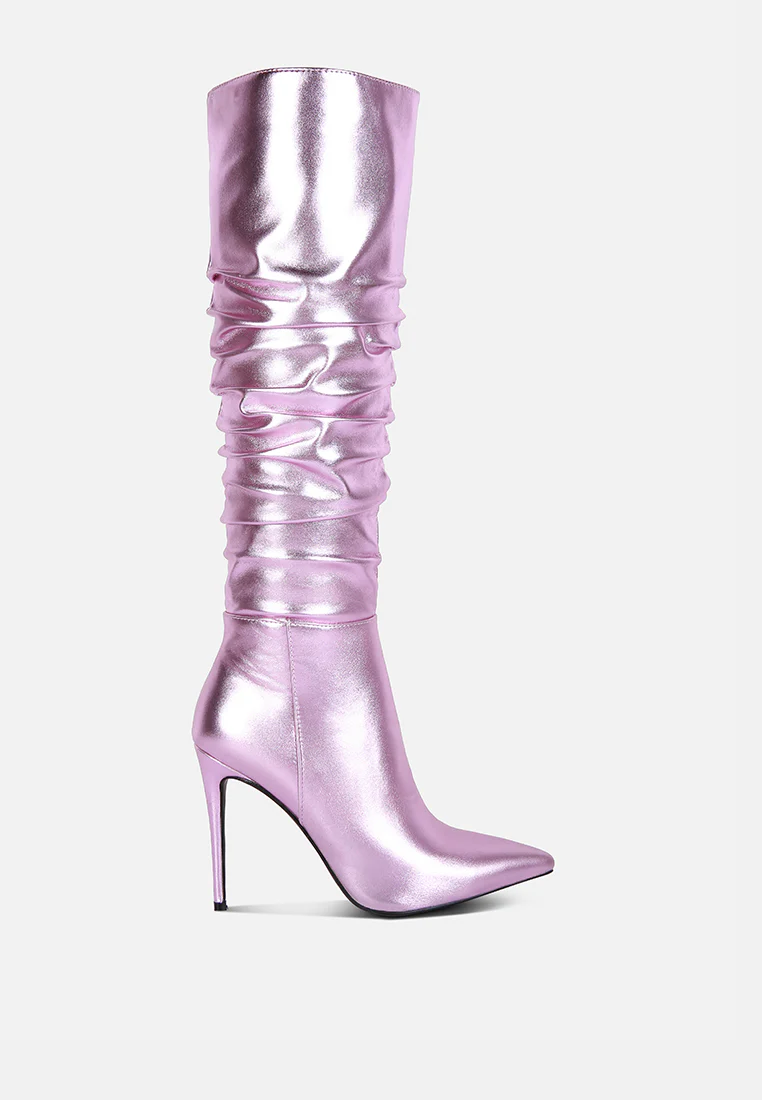 NEW-EXPRESSION Pink Metallic Ruched Stiletto Knee Boots - Image 2
