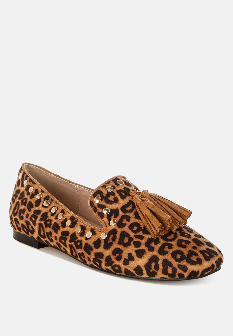 Niloha Studs & Tassels Detail Leopard Loafers - Image 2