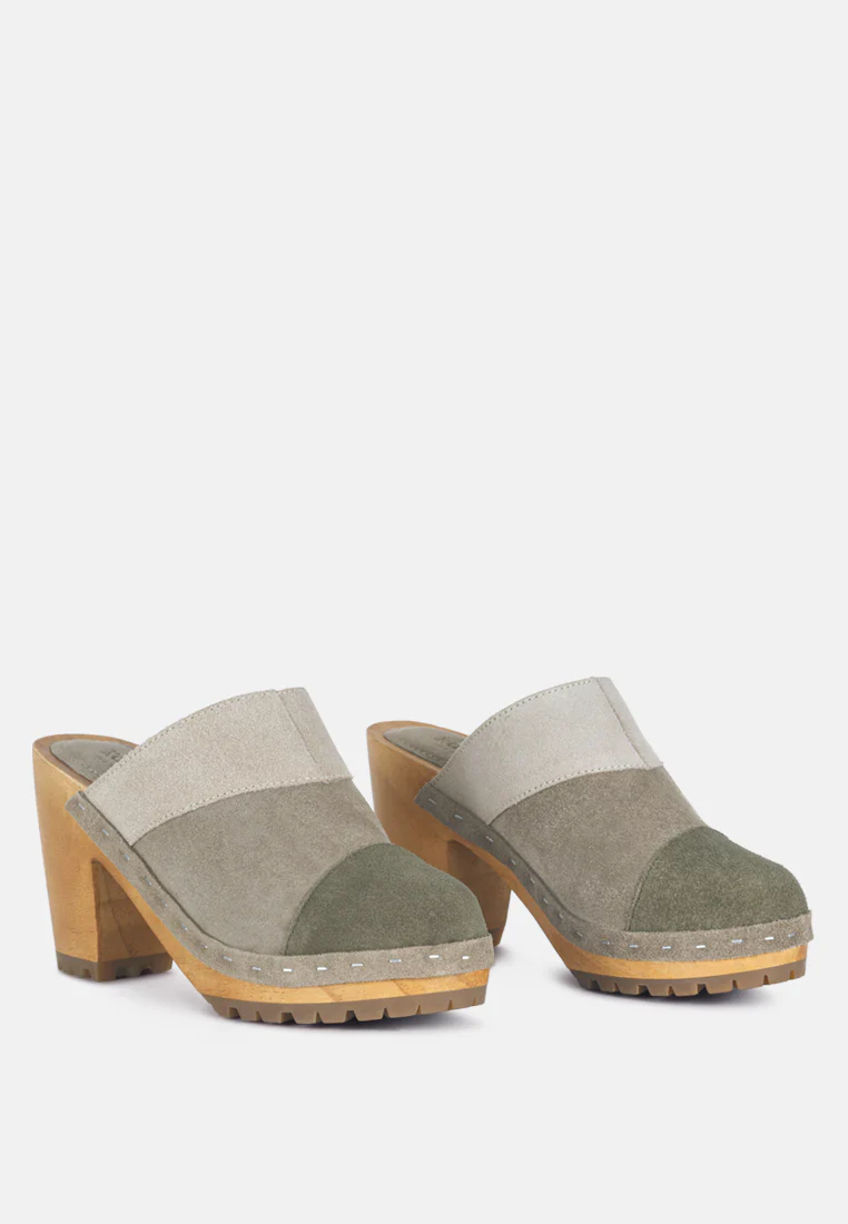 OCHROMA Vintage Patchwork Suede Mule Clogs in Olive - Image 2