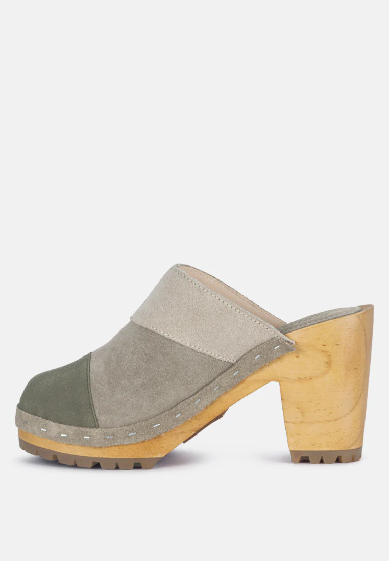 OCHROMA Vintage Patchwork Suede Mule Clogs in Olive - Image 3