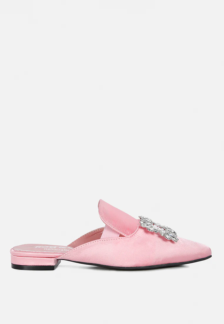 PERRINE Diamante Brooch Slip On Mules in Blush - Image 2