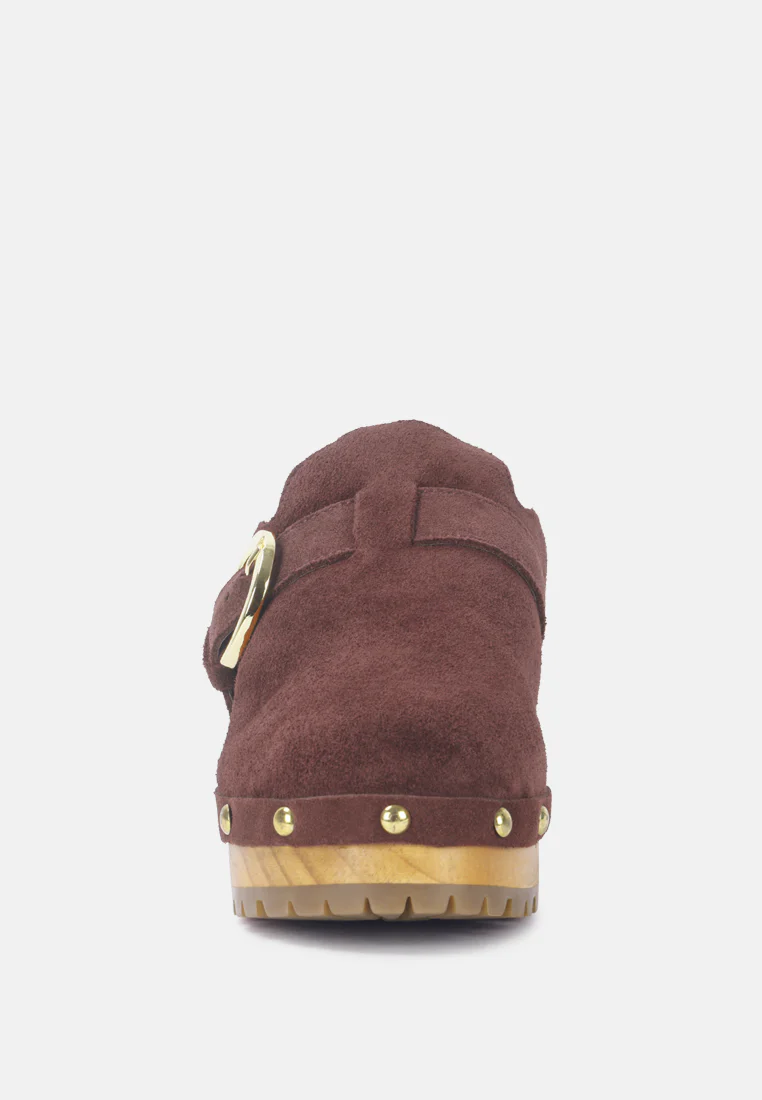 PRUNUS Brown Buckled Suede Round Toe Mule Clogs - Image 3