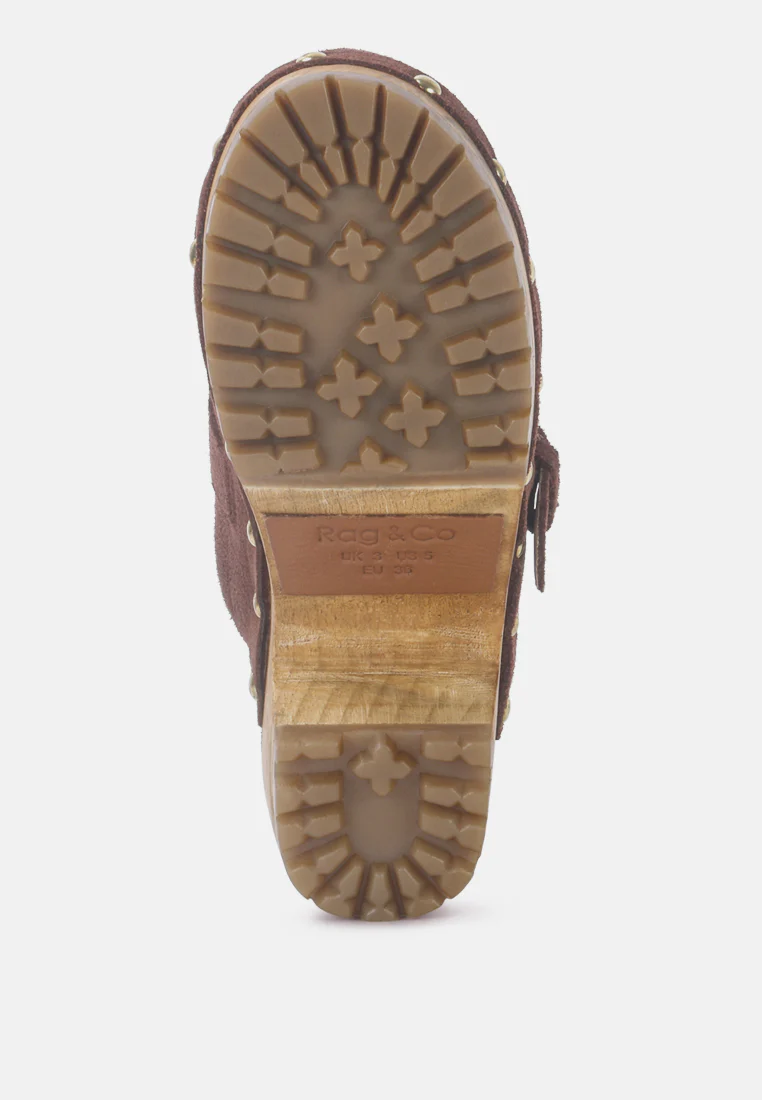 PRUNUS Brown Buckled Suede Round Toe Mule Clogs - Image 6