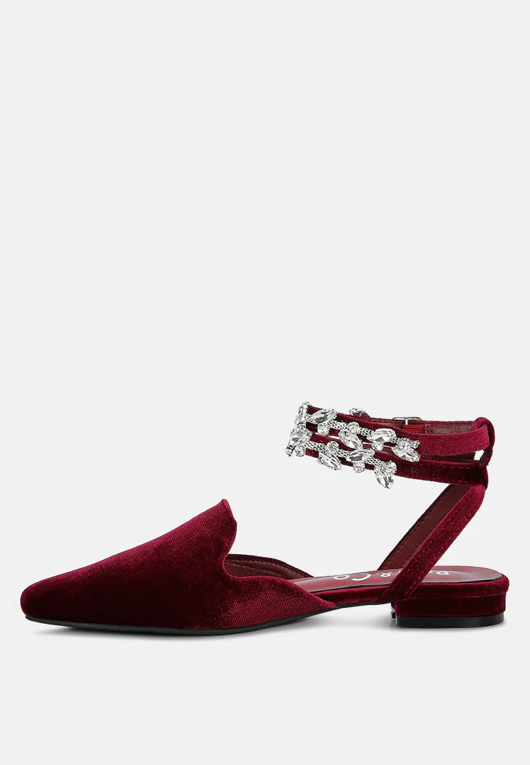 SALOME Burgundy Embellished Ankle Strap Velvet Mules - Image 3