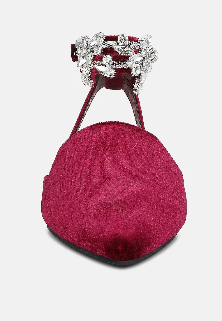SALOME Burgundy Embellished Ankle Strap Velvet Mules - Image 4