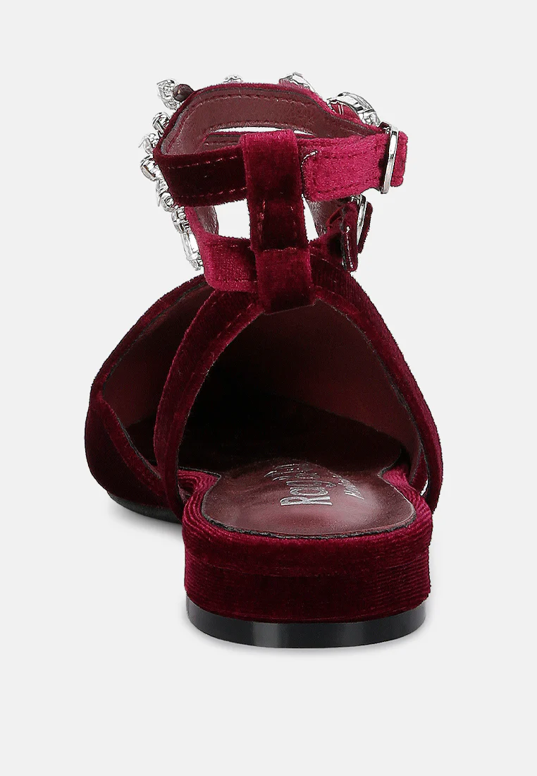 SALOME Burgundy Embellished Ankle Strap Velvet Mules - Image 5