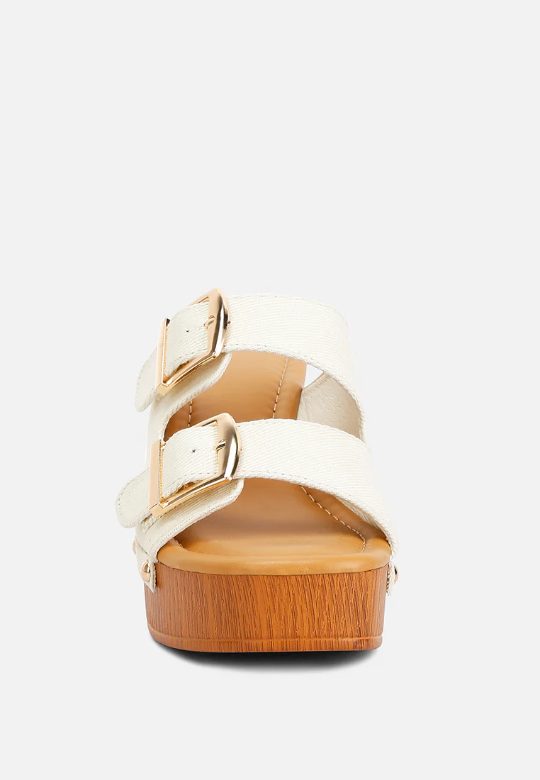Sarai Buckle Straps High Block Heel Clogs In Beige - Image 3