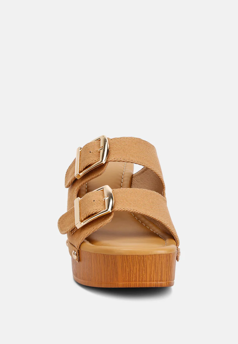 Sarai Buckle Straps High Block Heel Clogs In Tan - Image 3