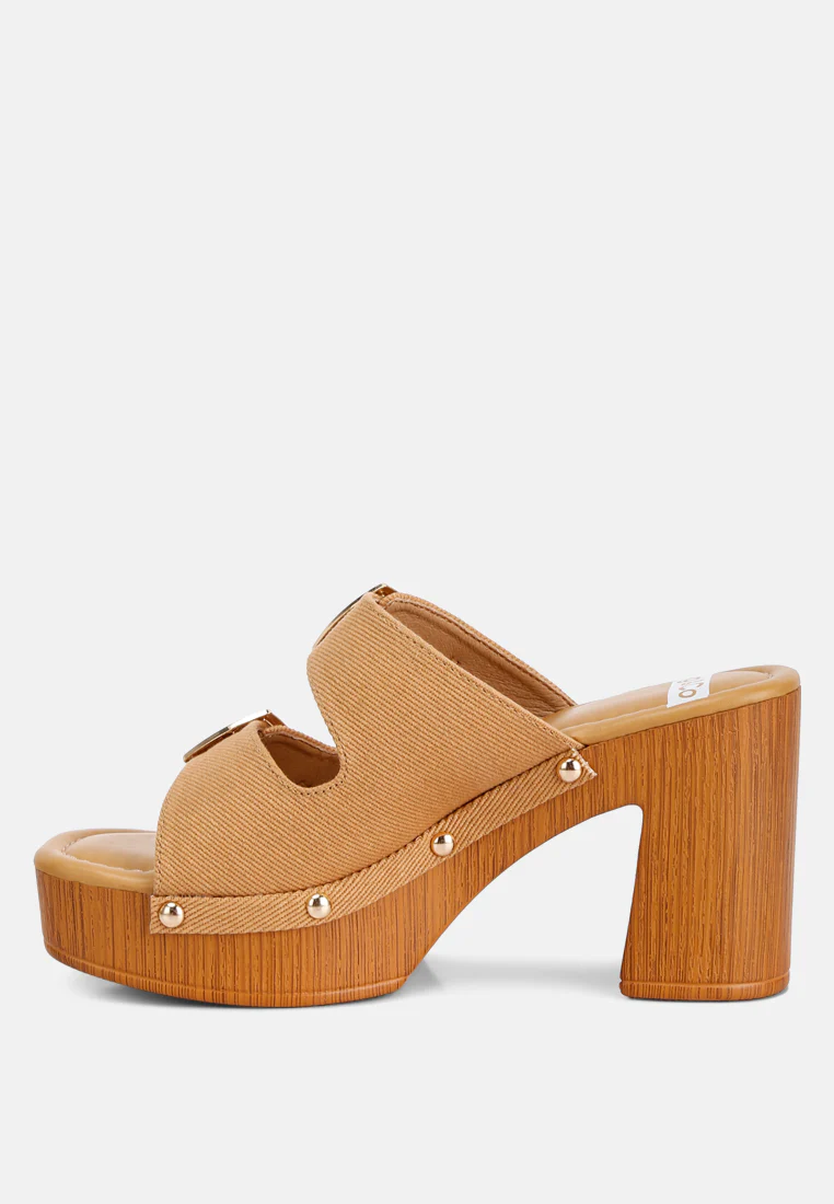 Sarai Buckle Straps High Block Heel Clogs In Tan - Image 4