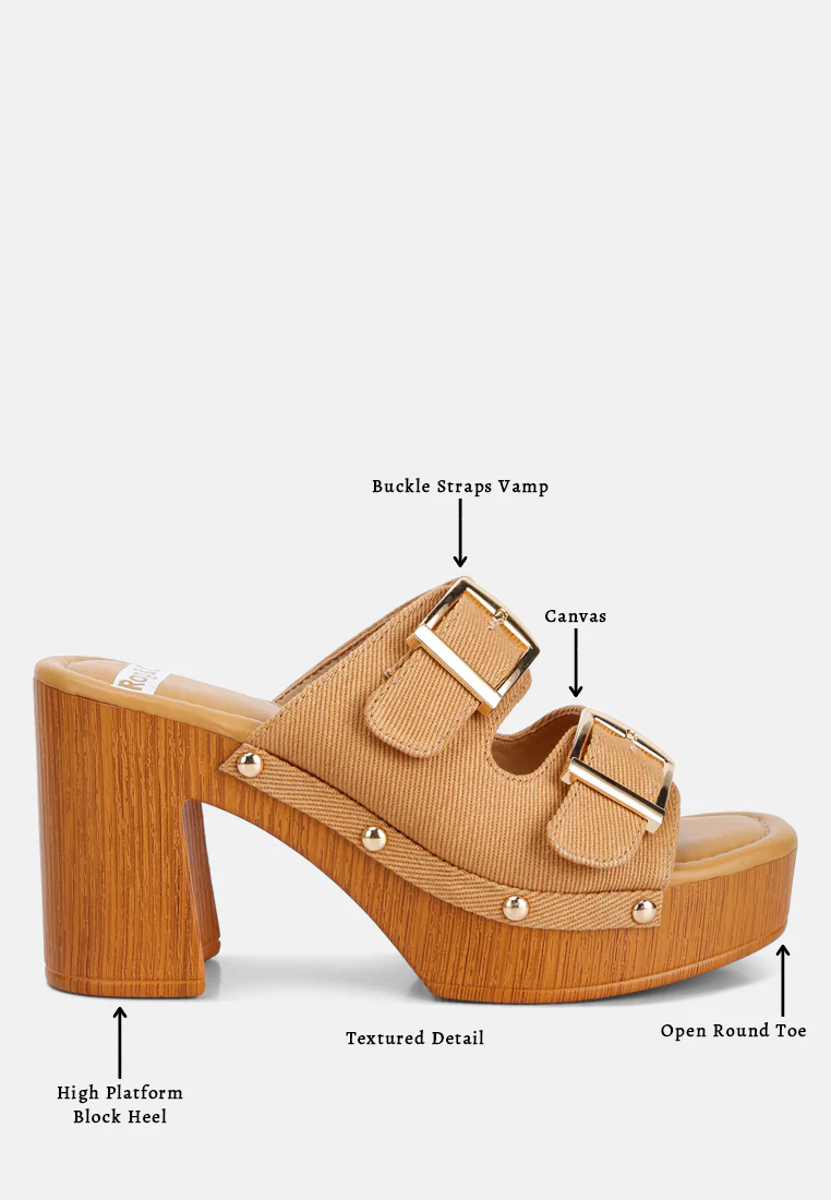 Sarai Buckle Straps High Block Heel Clogs In Tan - Image 8