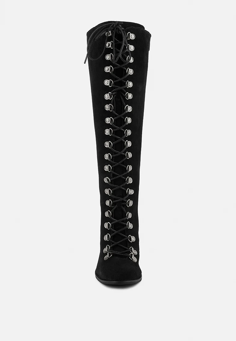 STREET-SLAY Antique Eyelets lace up Knee Boots In Black - Image 3