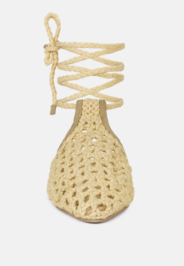 TUTSI Nude Handwoven Honeycomb Tie Up Flat Mules - Image 3