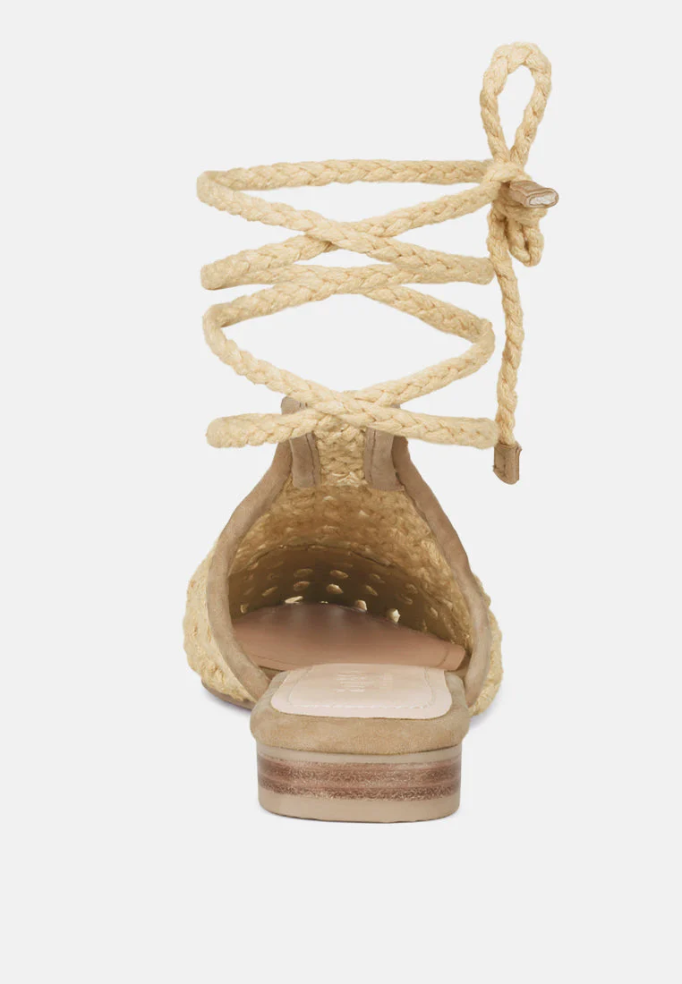 TUTSI Nude Handwoven Honeycomb Tie Up Flat Mules - Image 5
